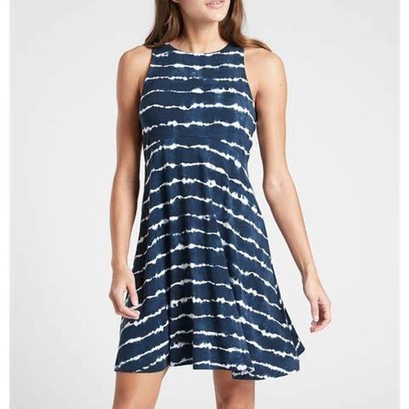 Athleta Santorini Thera Printed Dress Women’s Navy & White Tie Dye Size LP - Picture 1 of 16